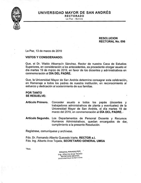 La UMSA determina otorgar asueto el día martes 19 de marzo de 2019, en favor de los docentes y administrativos-en conmemoración al DÍA DEL PADRE. ✅ 👔